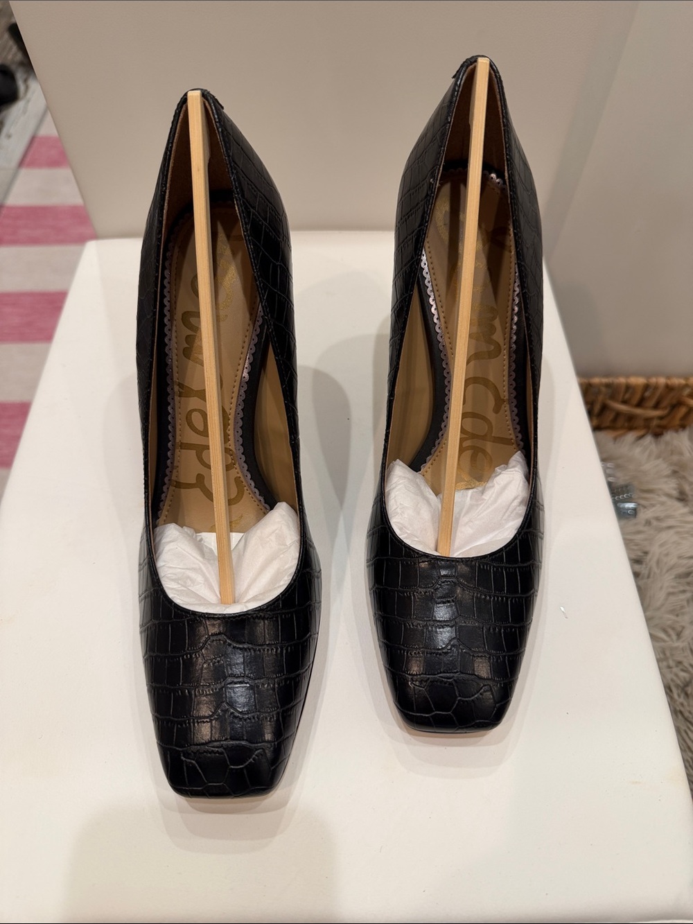 Sam Edelman Black  Croc-Embossed Square-Toe Heels